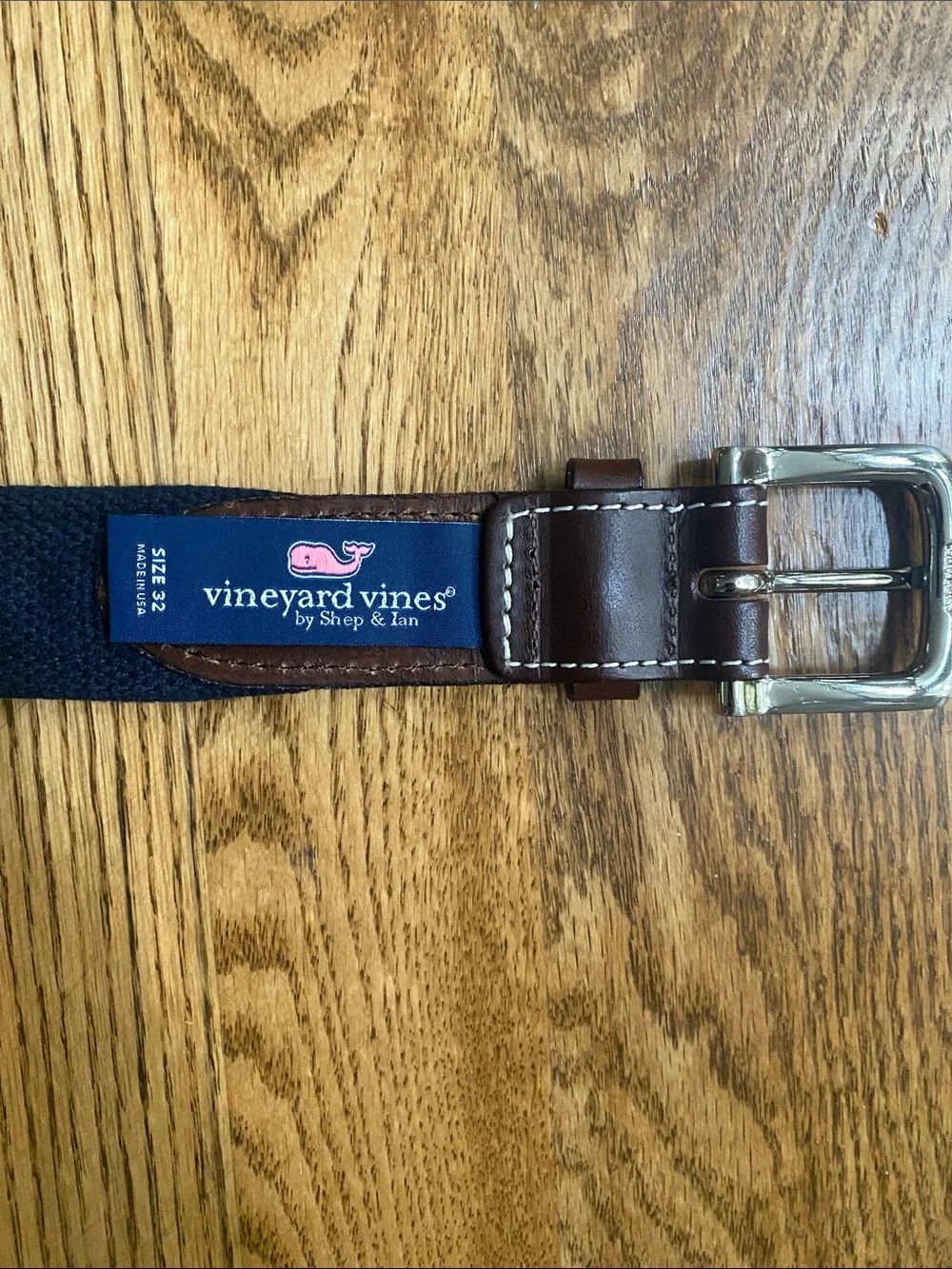 NWOT Men's Vinyard Vines belt brass brown leather trim canvass rowing size 32